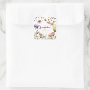 Monogram Colorful Wild Flower Illustrated Square Sticker