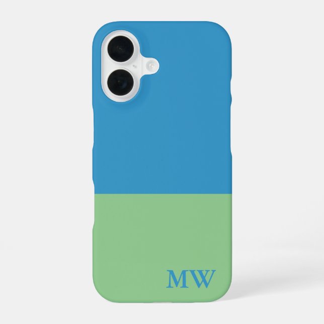Monogram Colour Block Sky Blue & Green iPhone 16 Case (Back)
