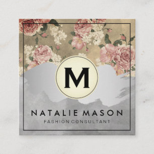 Monogram Colour Blocks Vintage Floral Pattern II Square Business Card