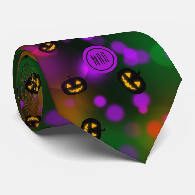 Monogram Colourful Bokeh Pumpkins Business Necktie (Rolled)