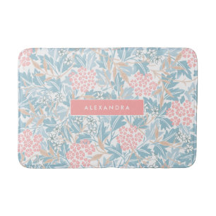 Monogram Colourful Floral Modern Vintage Blue Pink Bath Mat