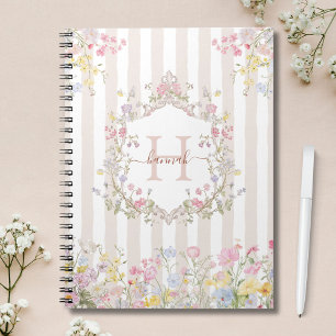 Monogram Colourful Floral Rococo Art Stripes Notebook