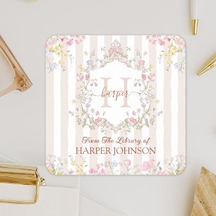 Monogram Colourful Floral Rococo Stripes Bookplate Square Sticker