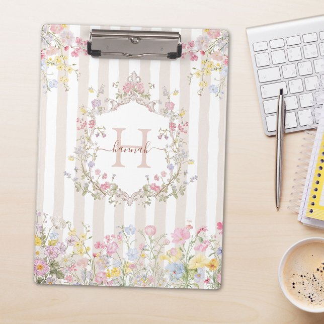 Monogram Colourful Floral Rococo Style Stripes Clipboard (In situ)