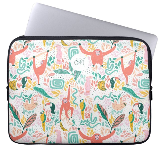 Monogram Colourful Happy Jungle Animals Laptop Sleeve (Front)