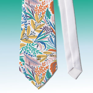 Monogram Colourful Modern Botanical Pattern Tie