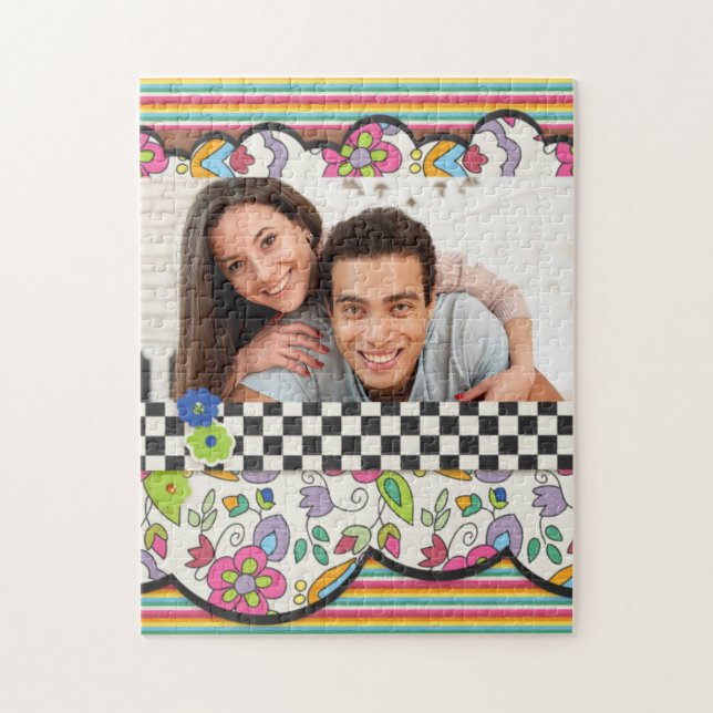 Monogram Colourful Modern Floral Personalised Phot Jigsaw Puzzle (Vertical)