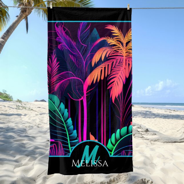 Monogram Colourful Neon Black Tropical Palm Beach Towel (Creator Uploaded)