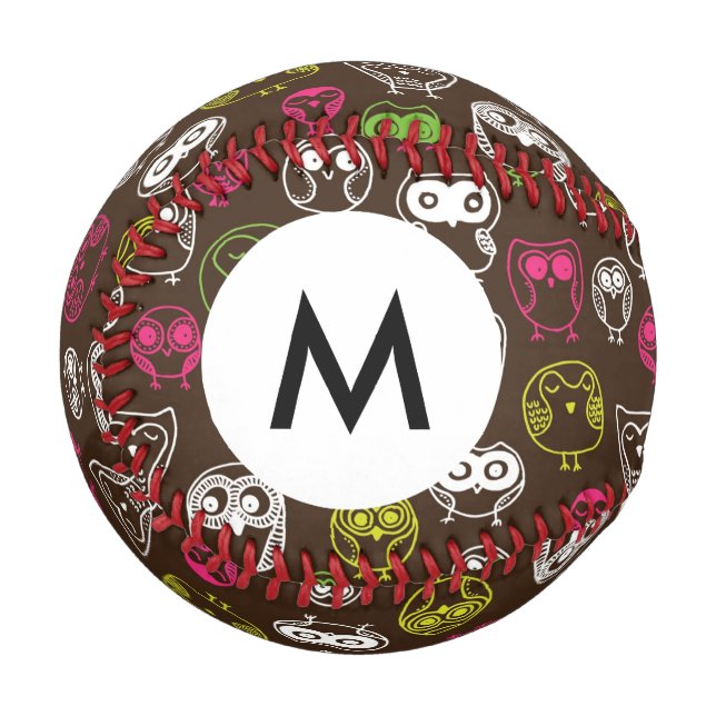 Monogram Colourful owl doodle background pattern Baseball (Front Left)