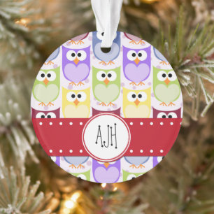 Monogram - Colourful Owls - Green Blue Purple Ornament