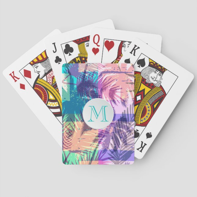 Monogram Colourful Palm Tree Collage Playing Cards (Back)