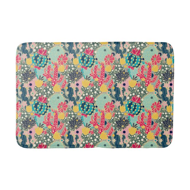 Monogram | Colourful Polka Dot Cactus Pattern Bath Mat (Front)
