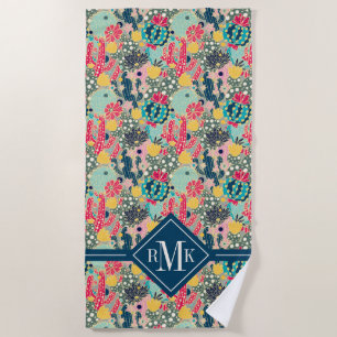 Monogram Colourful Polka Dot Cactus Pattern Beach Towel