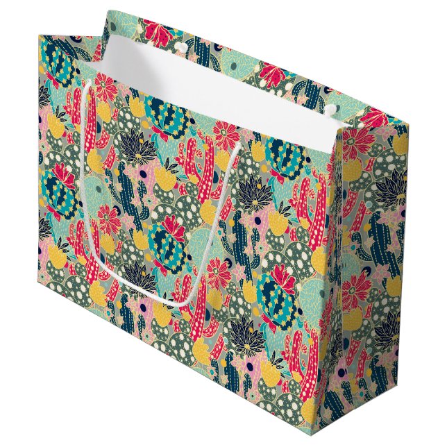 Monogram | Colourful Polka Dot Cactus Pattern Large Gift Bag (Front Angled)