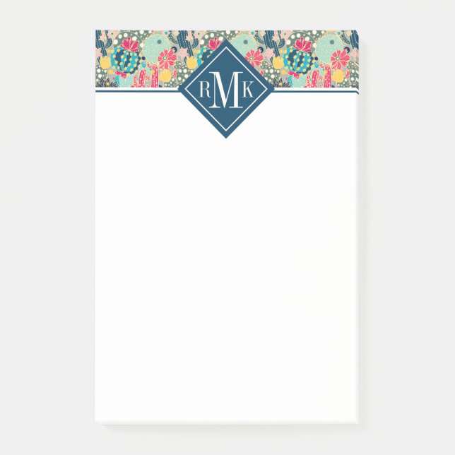 Monogram | Colourful Polka Dot Cactus Pattern Post-it Notes (Front)