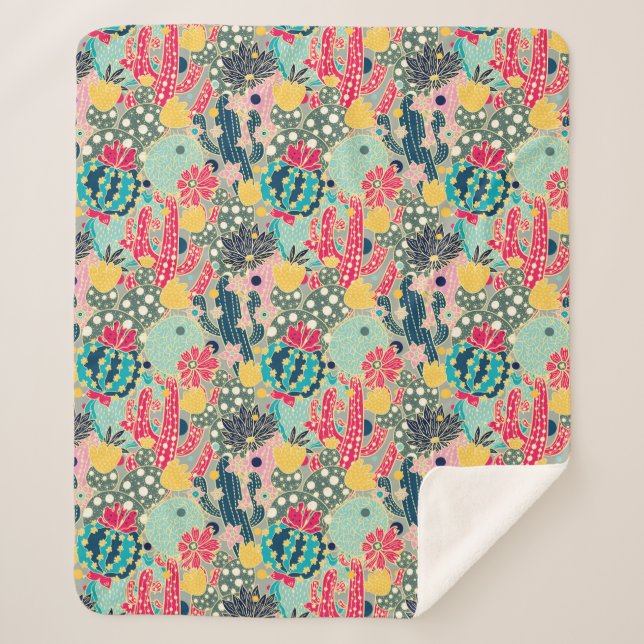 Monogram | Colourful Polka Dot Cactus Pattern Sherpa Blanket (Front)