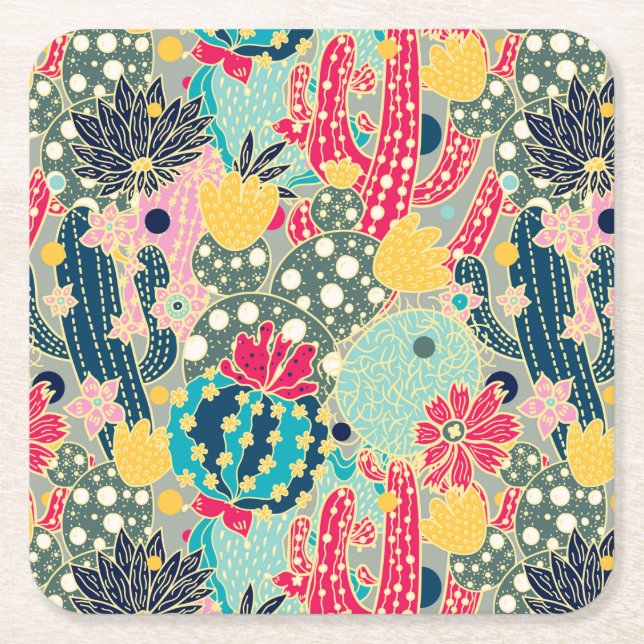 Monogram | Colourful Polka Dot Cactus Pattern Square Paper Coaster (Front)