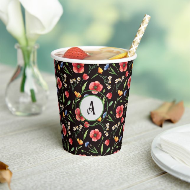 Monogram Colourful Poppies & Wildflowers Pattern Paper Cups (Insitu)