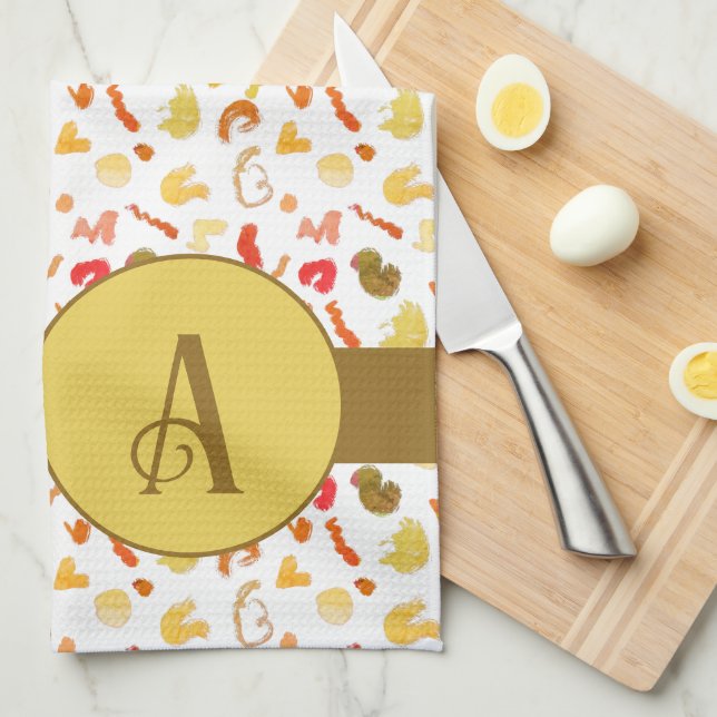 Monogram Colourful Shapes Brown Single Stripe Tea Towel (Quarter Fold)