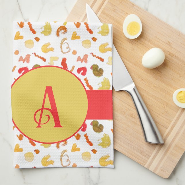 Monogram Colourful Shapes Red Stripe Tea Towel (Quarter Fold)