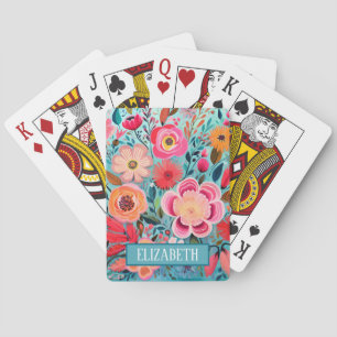 Monogram Colourful Spring Floral Pattern Playing Cards