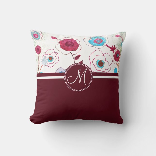 Monogram Colourful Spring Flowers Birds Mulberry Cushion (Front)