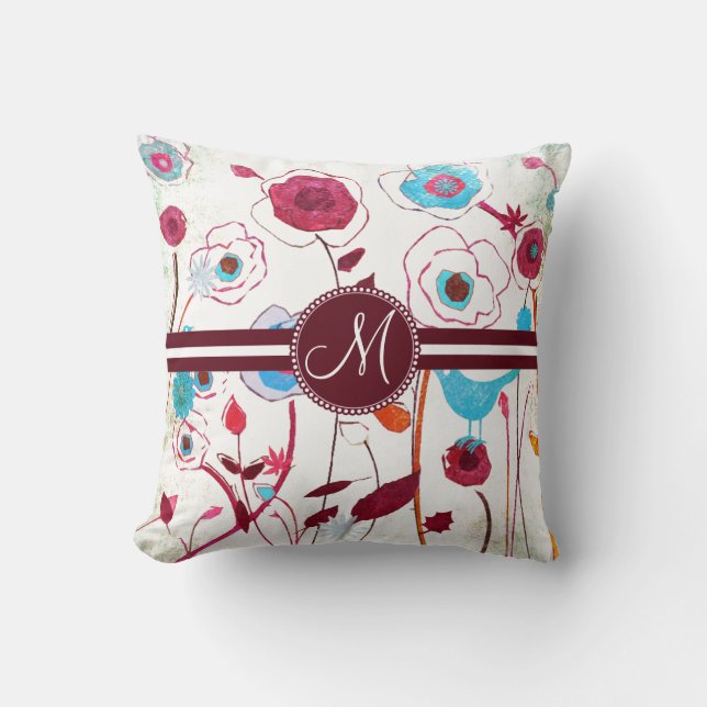 Monogram Colourful Spring Flowers Birds Mulberry Cushion (Front)