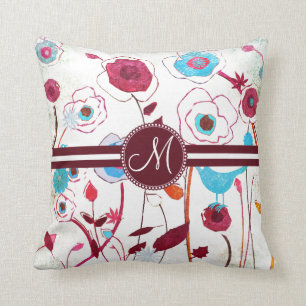 Monogram Colourful Spring Flowers Birds Mulberry Cushion