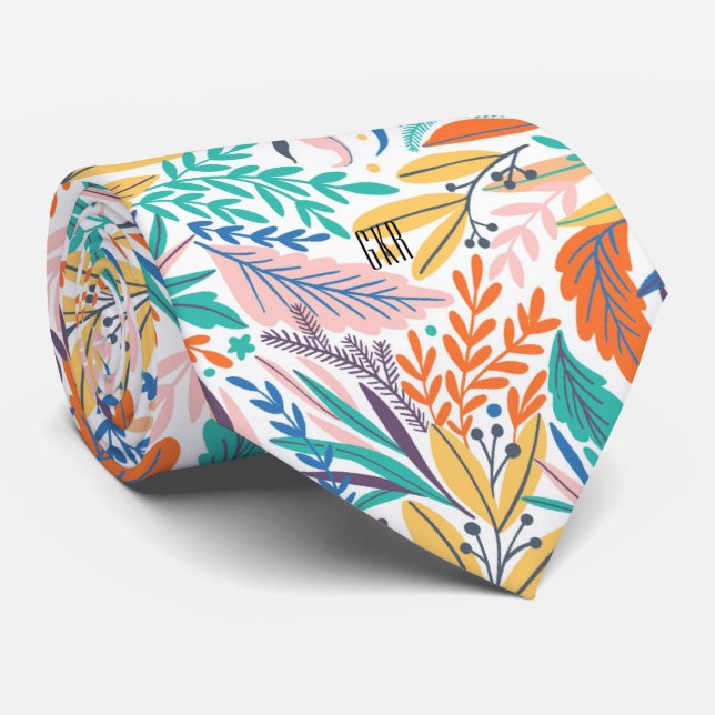 Monogram Colourful Stylish Botanical Pattern Tie (Rolled)