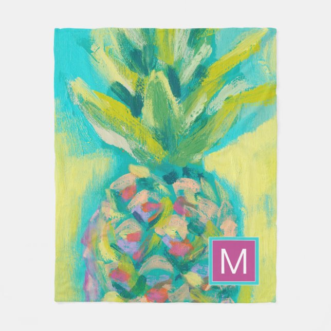 Monogram | Colourful Tropical Pineapple Fleece Blanket (Front)