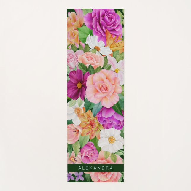 Monogram Colourful Watercolor Floral Purple Pink Yoga Mat (Front)
