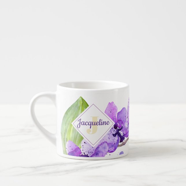 Monogram Colourful Watercolor Orchid design Espresso Cup (Left)