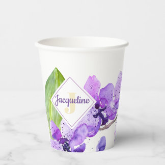 Monogram Colourful Watercolor Orchid design Paper Cups