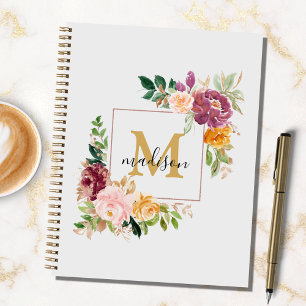 Monogram Colourful Watercolor Roses Floral Recipe Notebook