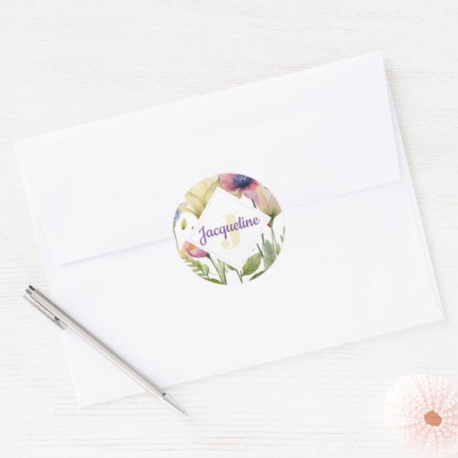Monogram Colourful Wild Flower Illustrated Classic Round Sticker (Envelope)