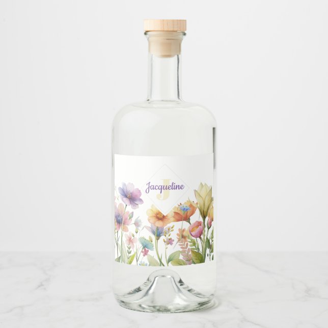 Monogram Colourful Wild Flower Illustrated Liquor Bottle Label (Front)
