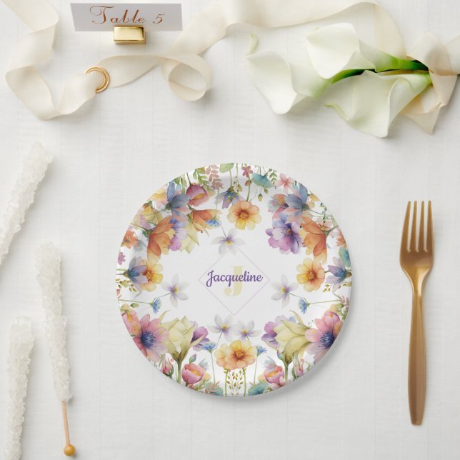 Monogram Colourful Wild Flower Illustrated Paper Plate (Wedding)