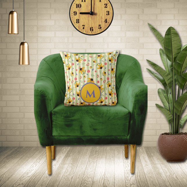 Monogram Coneflower Butterfly Floral Patterned  Cushion (Monogram Coneflower Butterfly Floral Patterned Throw Pillow)