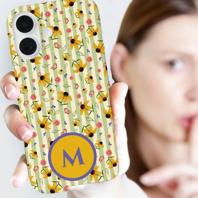 Monogram Coneflower Butterfly Floral Patterned iPhone 16 Case (Monogram Coneflower Butterfly Floral Patterned Case-Mate iPhone Case)