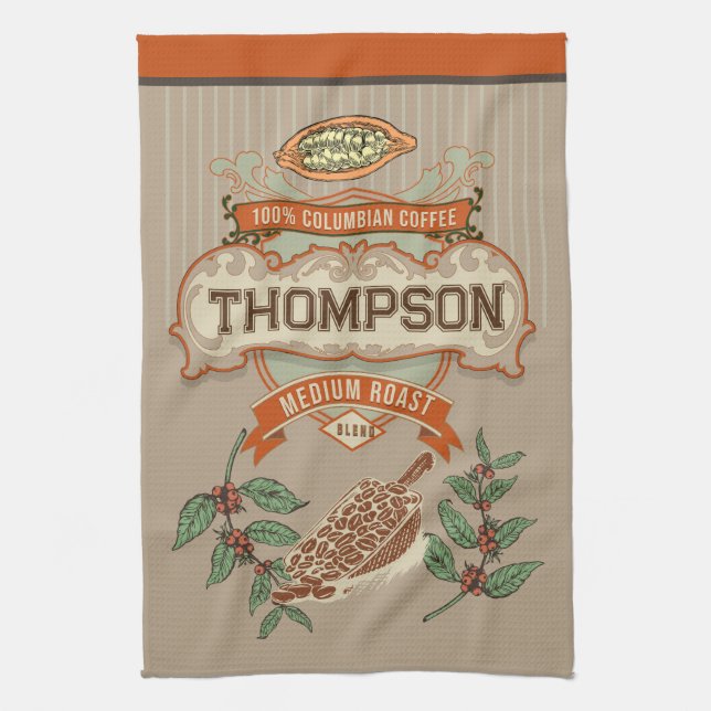 Monogram Cool rustic Columbian Coffee Vintage Tea Towel (Vertical)