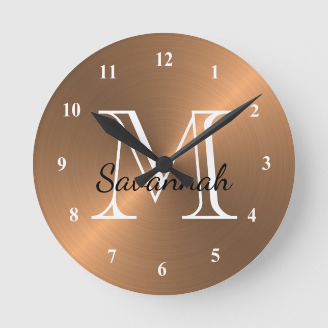 Monogram Copper Elegant Faux Metal Round Clock (Front)