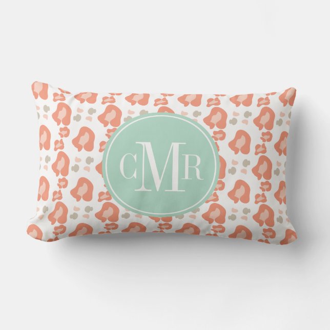 Monogram Coral and Aqua Leopard Print Lumbar Cushion (Front)