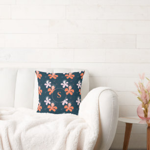 Monogram Coral Blush Hibiscus Pattern Cushion