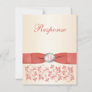 Monogram Coral Champagne Floral Wedding RSVP Card