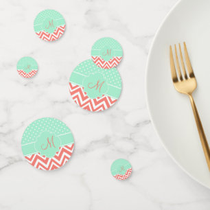Monogram Coral Chevron with Mint Polka Dot Pattern Confetti
