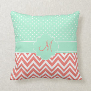 Monogram Coral Chevron with Mint Polka Dot Pattern Cushion