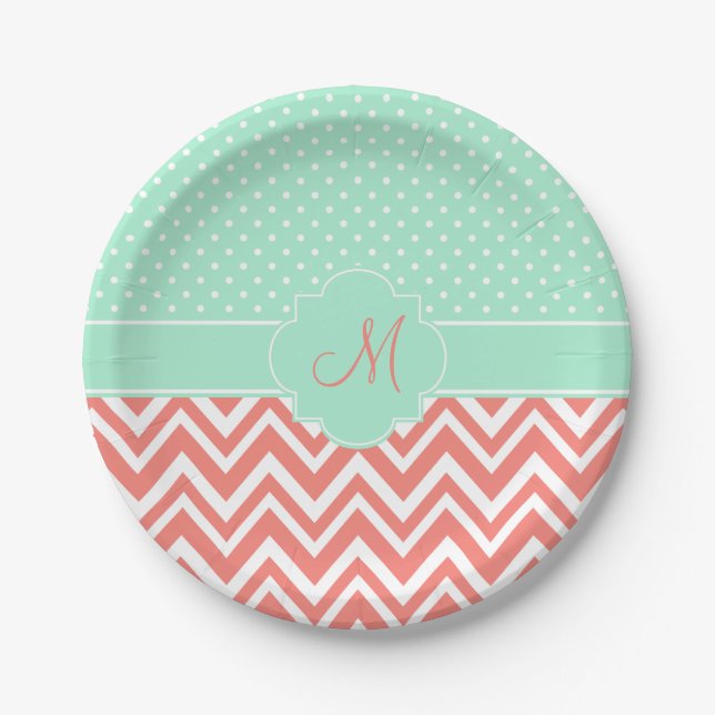 Monogram Coral Chevron with Mint Polka Dot Pattern Paper Plate (Front)