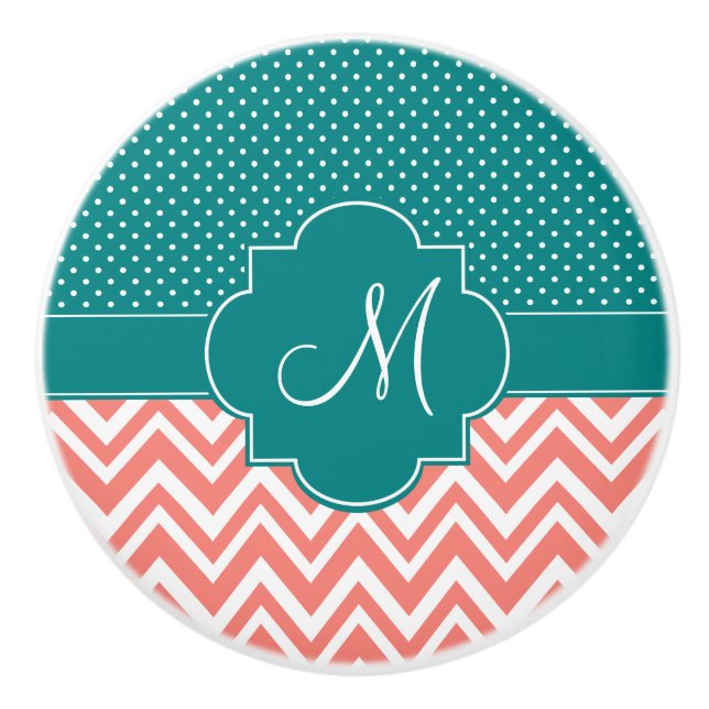 Monogram Coral Chevron with Teal Polka Dot Pattern Ceramic Knob (Front)