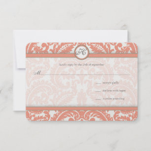 Monogram Coral & Grey Damask  Wedding RSVP Card