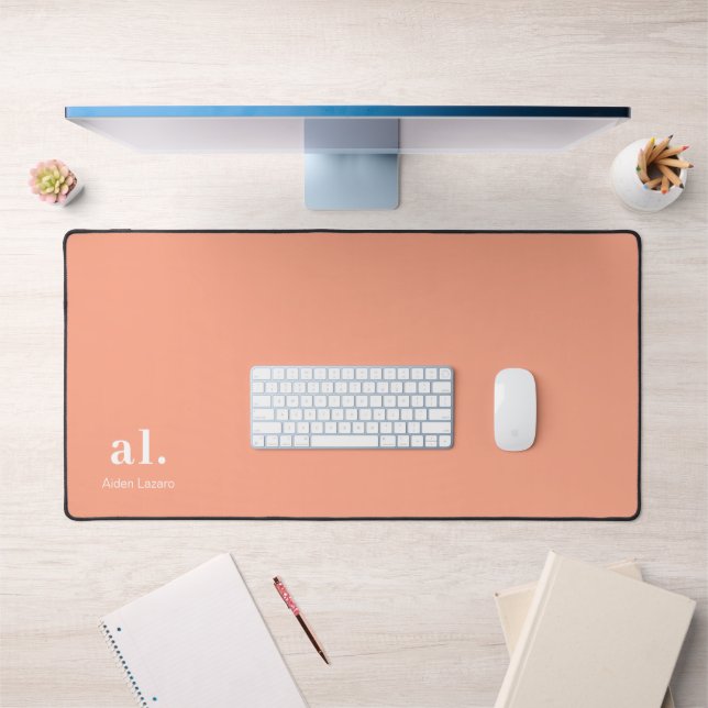 Monogram Coral Peach Elegant Feminine Minimalist  Desk Mat (Office 1)